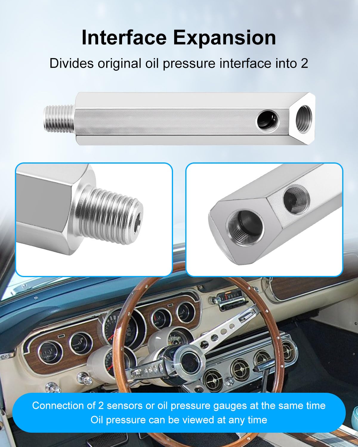 Oil Pressure Sending Unit Dual Port Extension Replacement Compatible with Ford Mustang 1965-1973 302 351 V8