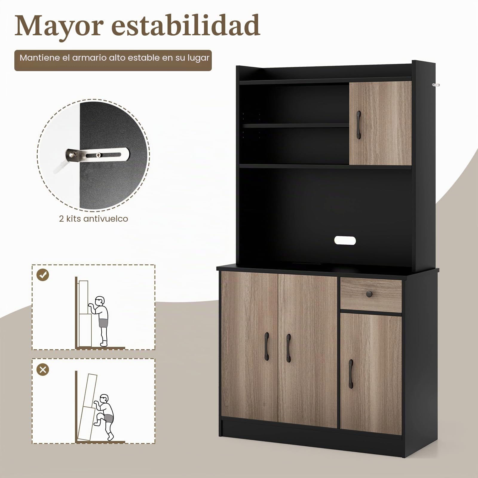 GIANTEX Alacena de Cocina con Puertas y Cajón, 100 x 40 x 180 cm, Aparador Buffet de Madera con 4 Estantes Ajustables, Armario de Almacenamiento para Cocina, Comedor (Negro+Roble)