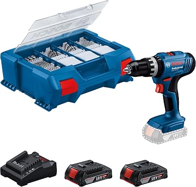 Bosch Professional 18V System Taladro Percutor a Batería GSB 18V-25 (Ø máx. del tornillo 10 mm, incl. 2 GBA 2.0Ah, GAL 18V-20, set de accesorios de 63 piezas, L-Case Pick & Click)