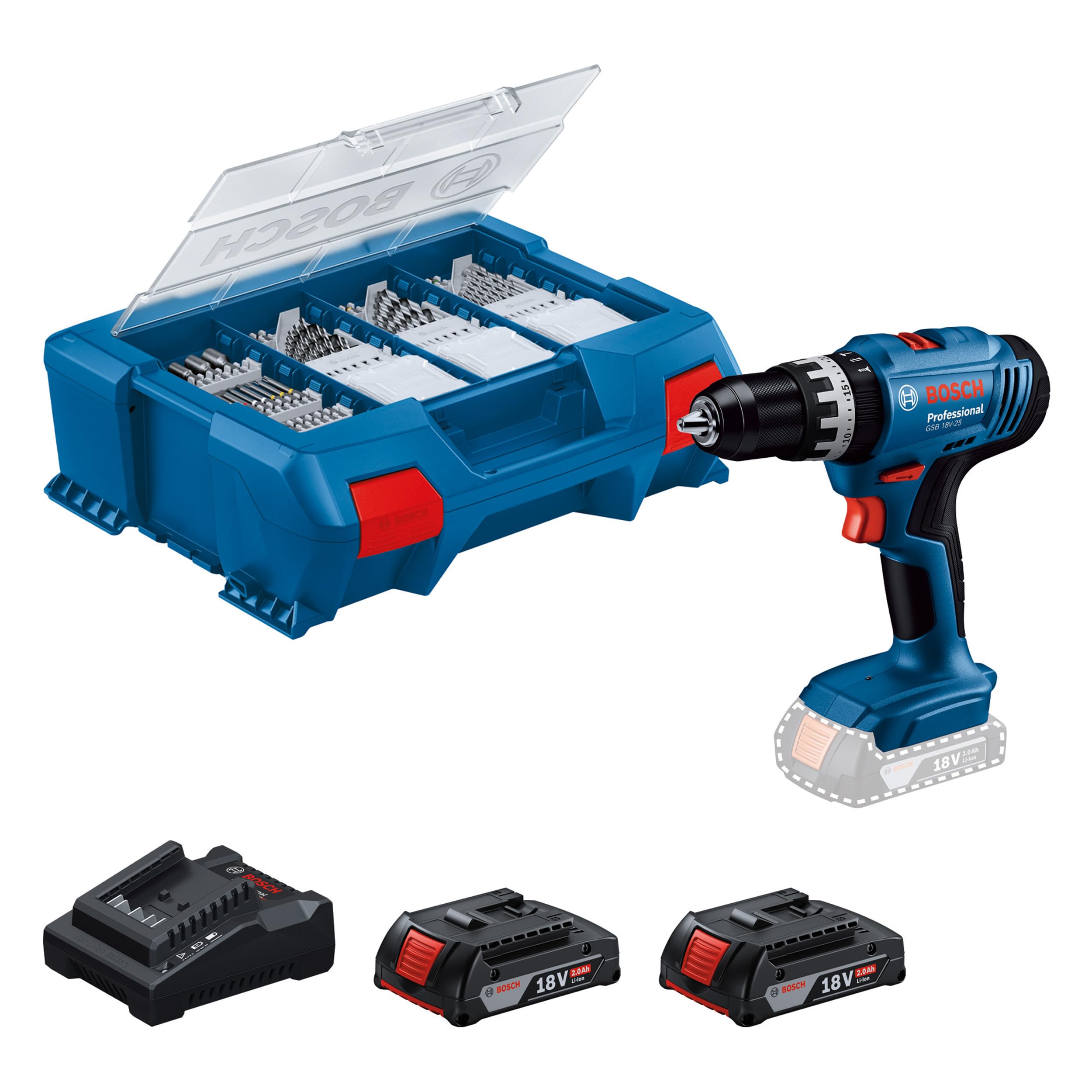 Bosch Professional 18V Battery Hammer Drill System GSB 18V-25 (max. screw diameter 10 mm, incl. 2 GBA 2.0Ah, GAL 18V-20, 63-piece accessory set, L-Case Pick & Click)