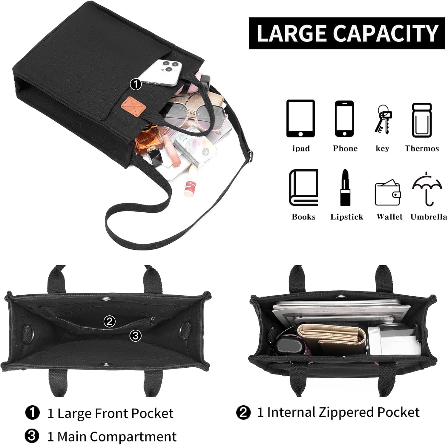 Tote Bag for Women Canvas Tote Purse with Pockets Top Handle Crossbody Bags Satchel Shoulder for Travel Work - Image 3