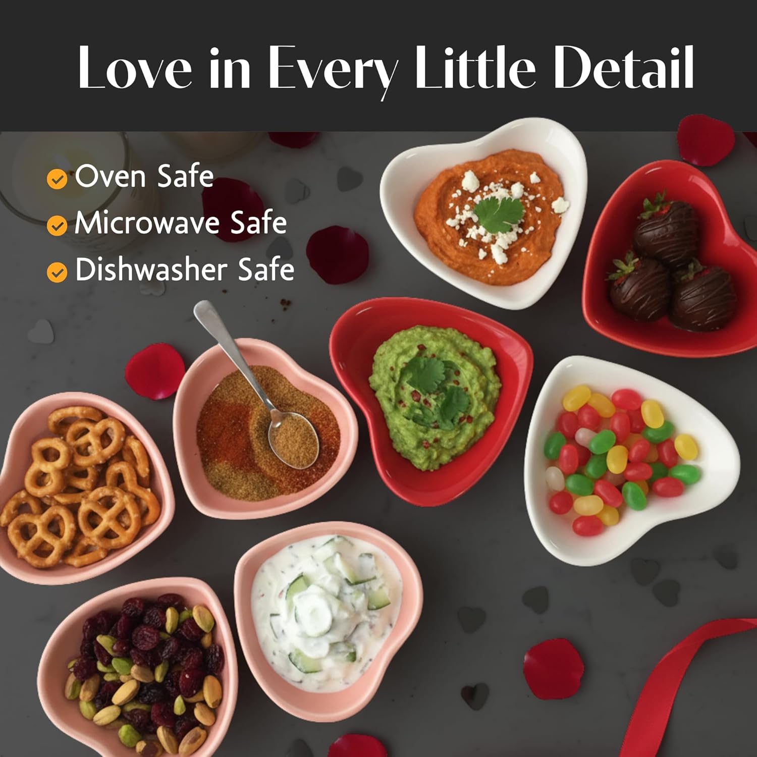 BIA Heart Dish Set of 3, 6 oz Heart Shaped Stoneware Serveware – Small Dishes for Snacks, Desserts, Dips, Spices & Condiments, Tabletop Bowls for Entertaining & Gifting