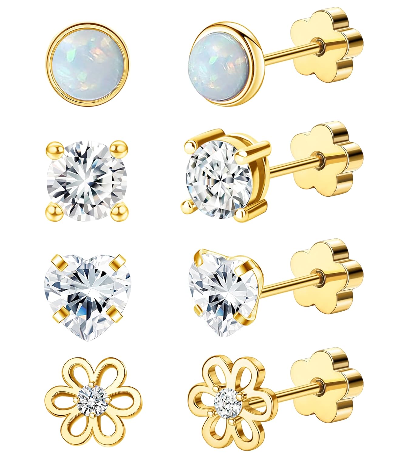 4Pairs Hypoallergenic Screw Back Earrings for Women 14k Gold Surgical Steel Flat Back Earrings Opal CZ Flower Heart Cartilage Earring for Sensitive Skin 20G Handmade Nap Earrings Studs Gold White CZ (Gold White CZ) Thumbnail