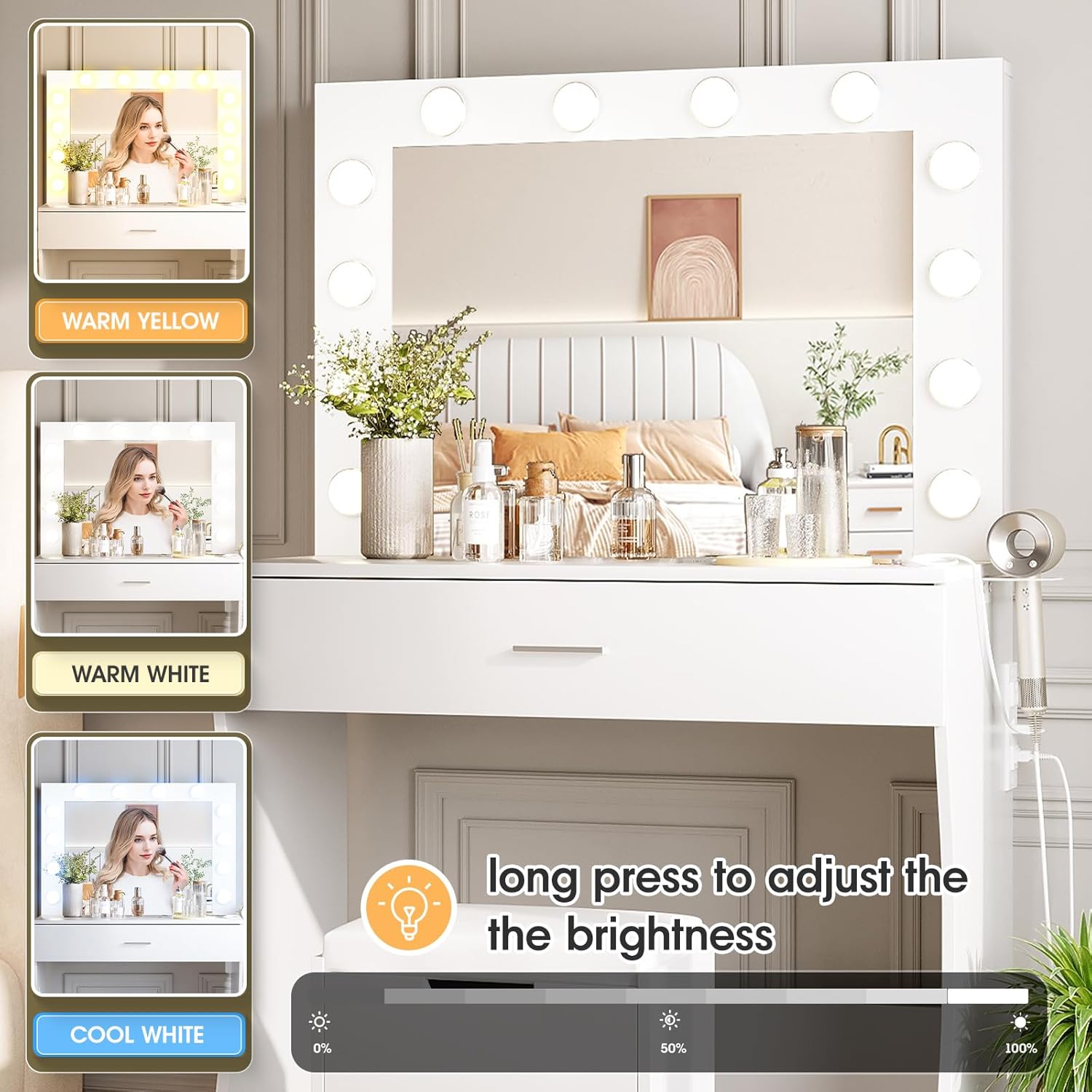 Vabches Makeup Vanity Desk with Mirror and 12 Lights 3 Color Modes, White Vanity Table for Bedroom with Charging Station, Vanity Set with Large Mirror and Storage Stool