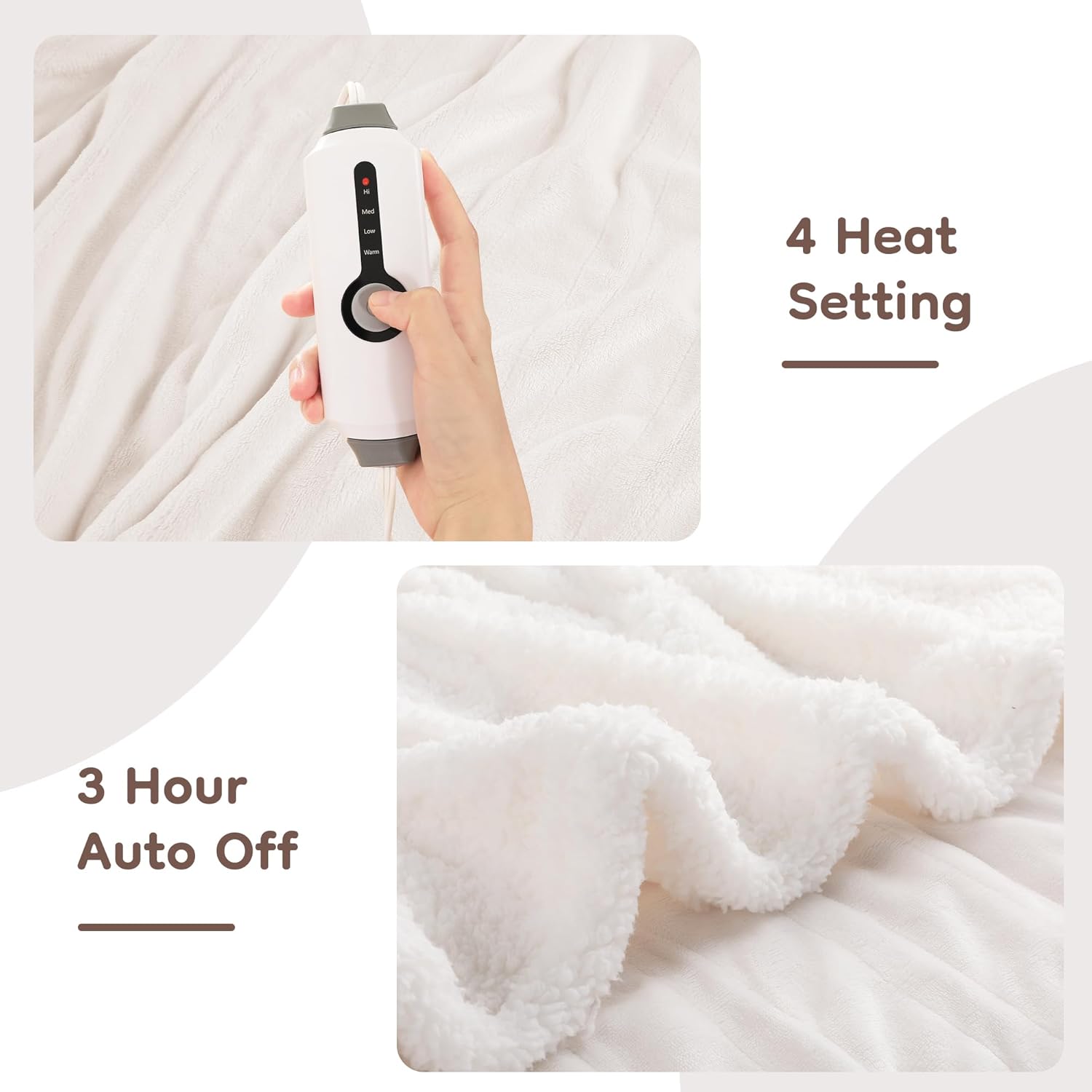 Electric Heated Blanket Throw Size - 50"x60", Soft Flannel Heating Blanket, 4 Heating Levels, 3 H Auto Shut Off, Breathable Warm and Washable for Sofa, White - Image 3