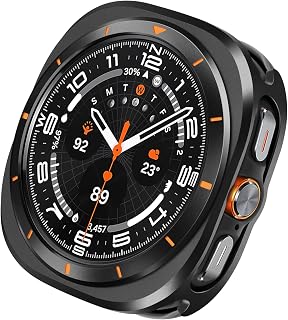 Hülle für Samsung Galaxy Watch Ultra 47mm (2025/2024) mit Rückseite, Robuste Metall Ultra Dünne Hard Schutz Schutzhülle für Galaxy Watch 8/7 Ultra (Schwarz/Orange)