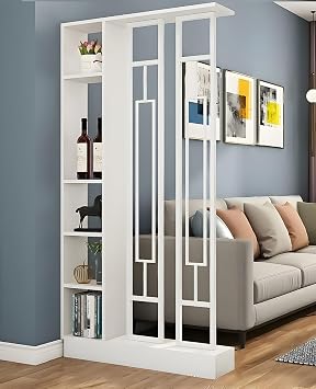 رف كتب Kavie Wall Room Divider، خزانة كتب خشبية حديثة مع خزانة تخزين بشاشات شفافة لعرض ديكور المكتب المنزلي الأنيق باللون الأبيض، 31.5 بوصة L x 9.5 بوصة W x 79.5 بوصة H