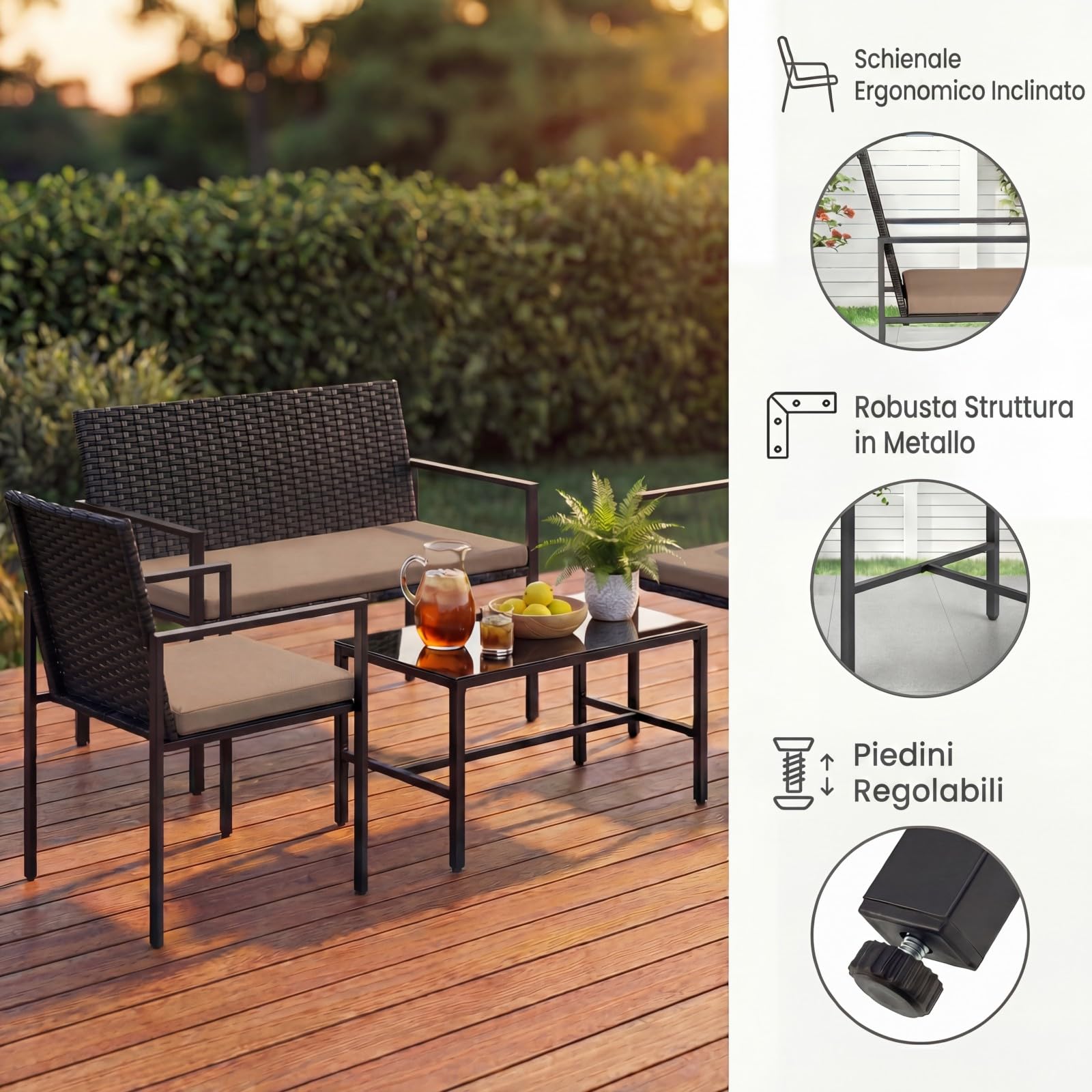 SOARS Set Salotto da Giardino in Rattan 4 Pezzi, Set Mobili da Eterno con 2 Poltrone, Divano a 2 Posti, Tavolino con Piano in Vetro Temperato e Comodi Cuscini per Cortile, Bordo Piscina (Marrone)