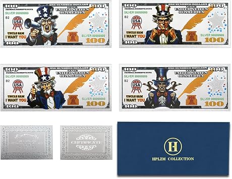 4pc/Set Uncle Sam, I Want You Silvery Banknote, 100 Dollar Plastic Money Collectibles Commemorative Bills Gifts