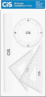 Kit Escolar Geométrico, CIS, Régua 30cm + Esquadros Isósceles 45° e Escaleno 60° + Transferidor 360°, 2° Graus, Sertic 60.9600, Transparente
