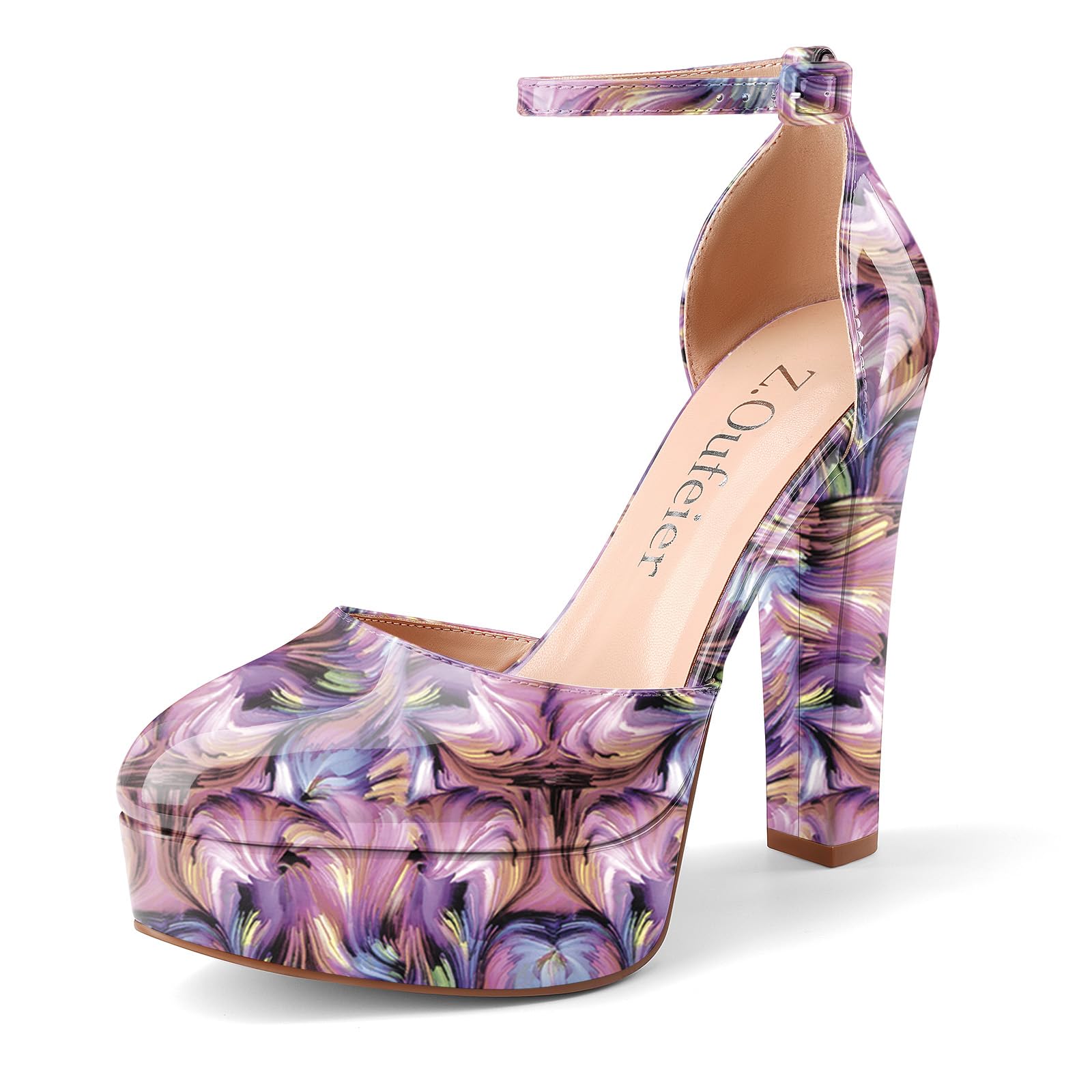 Womens Platform Chunky High Heels Patent Leather Buckle Closed Round Toe Ankle Strap Party Sexy Wedding Block High Heel Pumps Dress Shoes 5 Inch