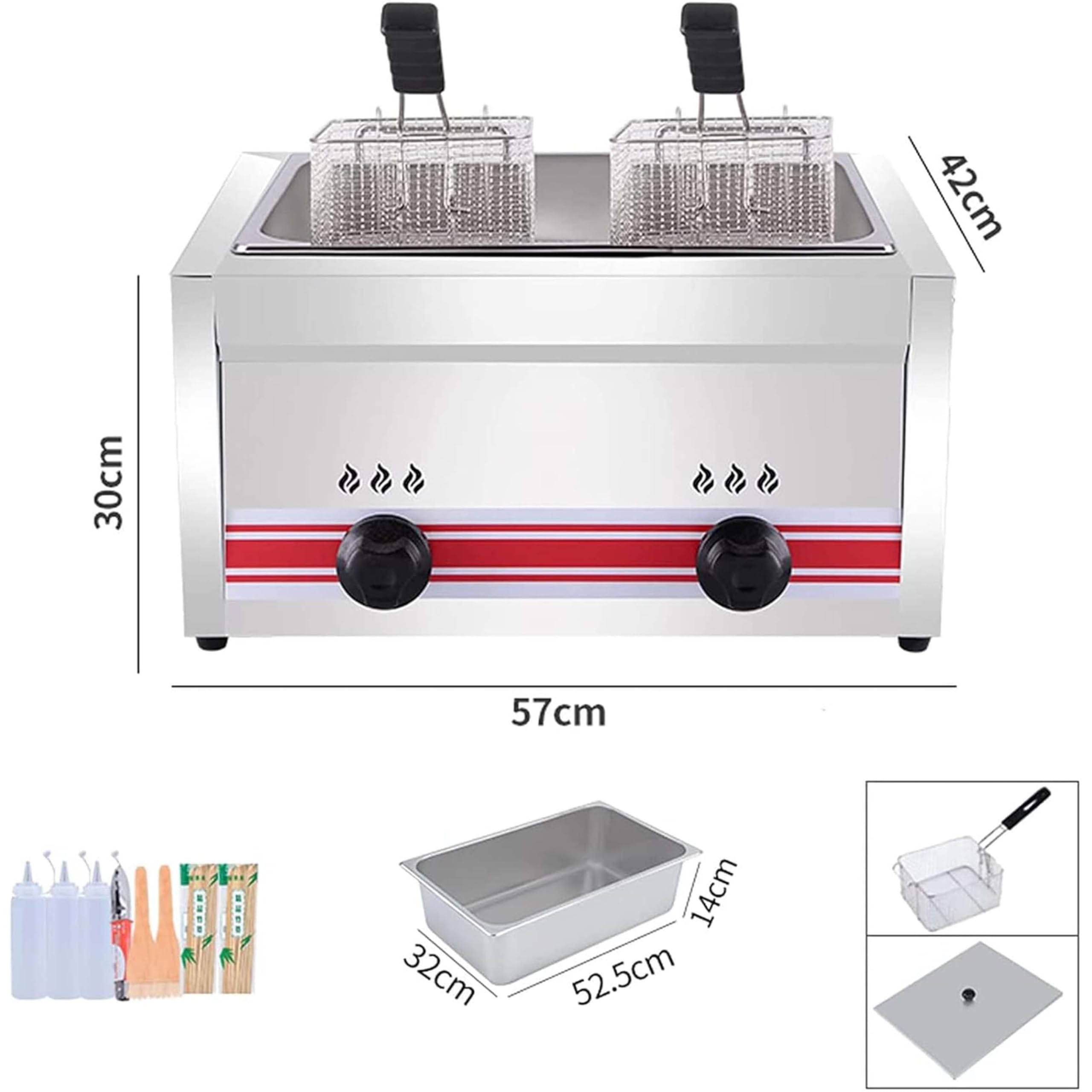 Friggitrice a Gas Grande capacità 10L/20L/30L,Friggitrice in Acciaio Inossidabile,Potenza Fuoco Regolabile, con Cestelli E Coperchi,per Patatine Ciambelle Pesce,Singlecylinder20L