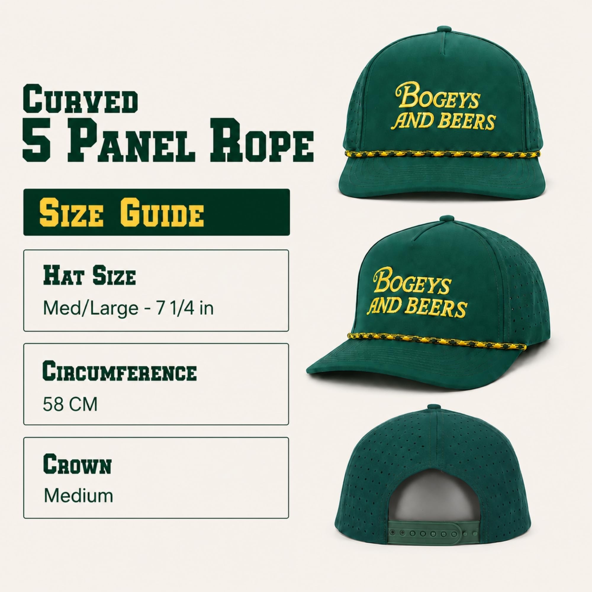 Bogeys and Beers Lustige Golfmütze – Golfmützen für Herren, leistungsstarke, atmungsaktive Seil-Snapback-Kappe, Golf-Geschenke für Männer, Grün , 0
