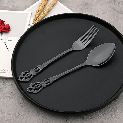 Miniatura 7 de Jankng Tenedor negro básico, 6 tenedores de acero inoxidable real con mango real, juego de tenedores de metal para comer ensalada de pescado,