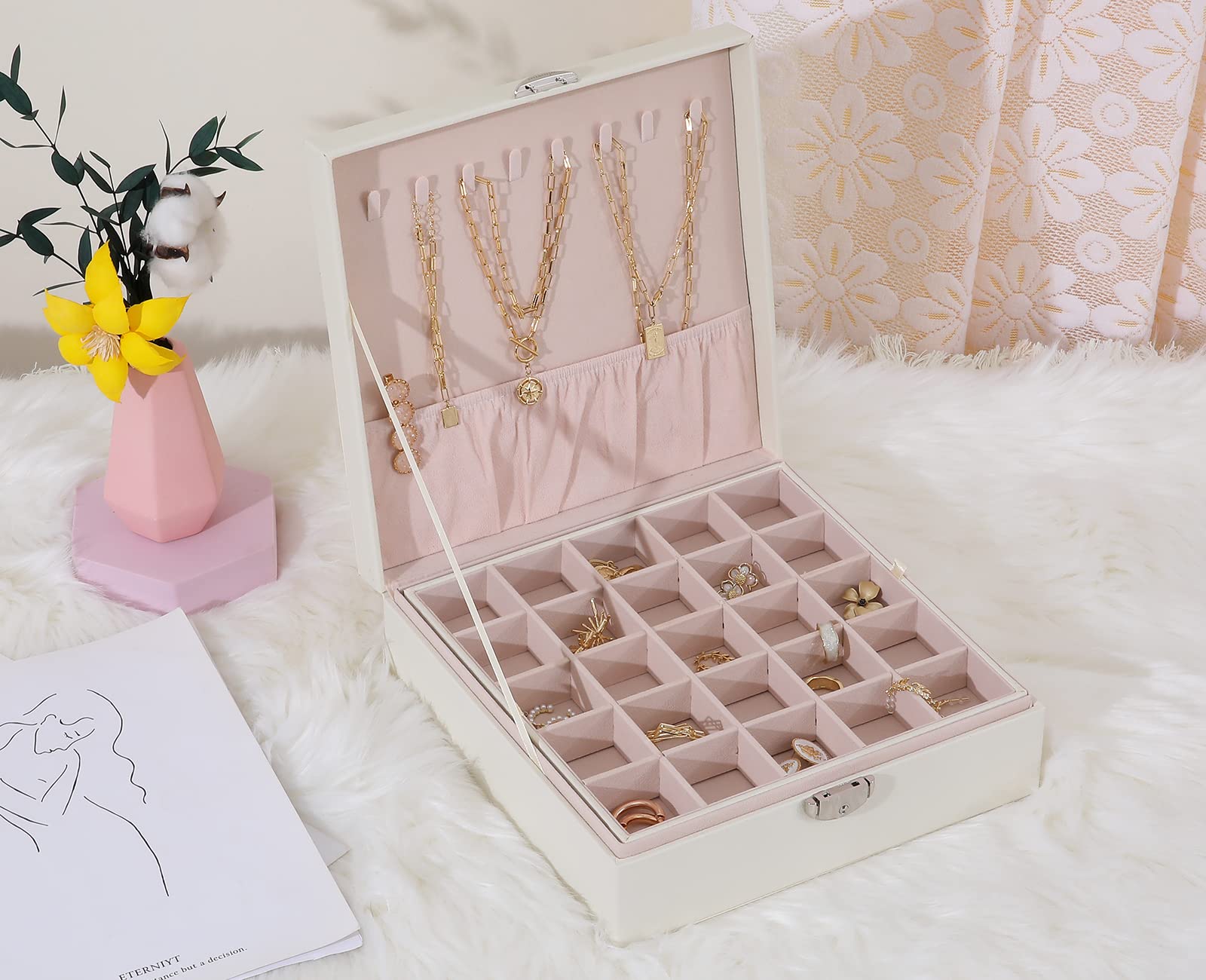 misaya Earrings Jewelry Box, Birthday and Christmas Gift, Women 50 Slots Jewelry Organizer for Earrings Rings Necklace, Off White