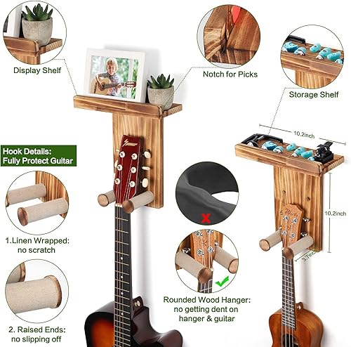 Miniatura 40 de Keebofly Soporte de pared para guitarra, paquete de 3, colgador de guitarra de madera rústica con soporte para púas para acústico, eléctrico, bajo