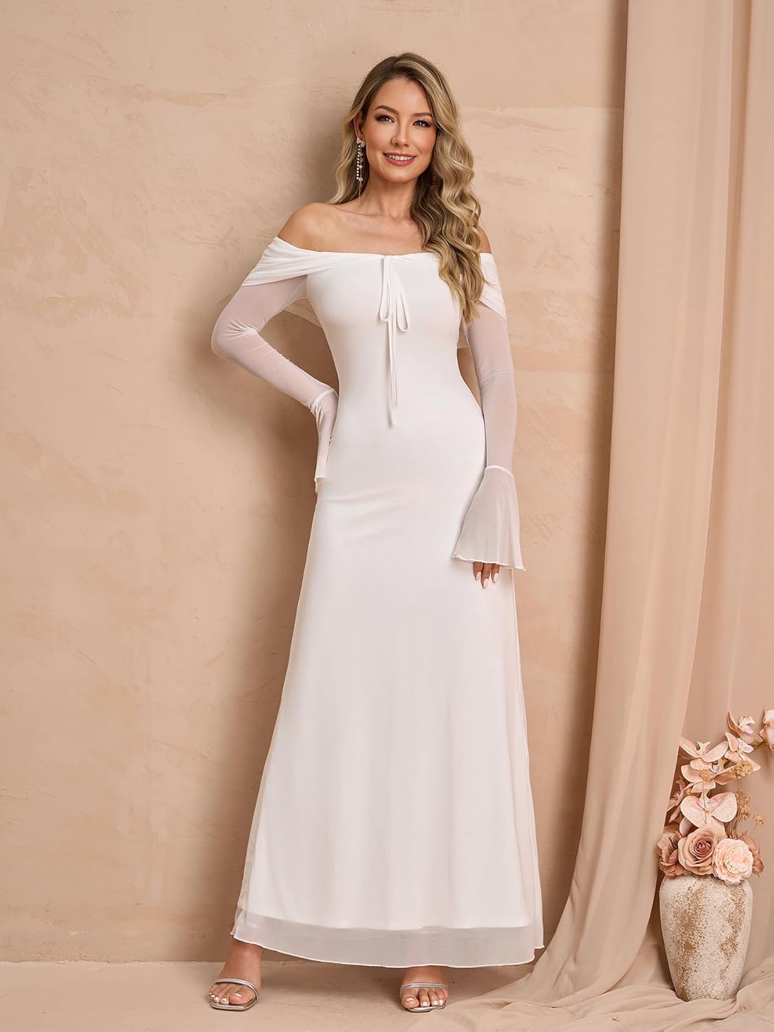 Off Shoulder Long Sleeve Maxi Dress Bodycon Tie Party Formal Wedding Guest Dresses for Women 2026