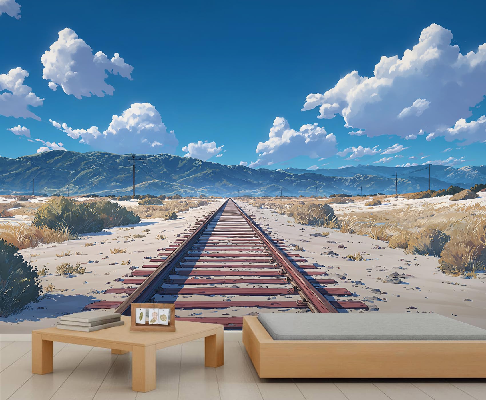 Railway Tracks Wallpaper Desert Wilderness Girls Room Wallpaper Natural Landscape Wall Mural for Livingroom Bedroom Mural Poster 300X210cm — image 1