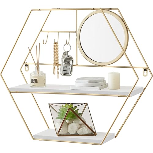 TFER Floating Shelves Wall Mounted Hexagon Wall Shelf Hanging Shelves for Wall Storage Rustic Wood Wall Shelves for Bedroom, Living Room, Bathroom, Kitchen, Office, with Mirror and Hooks (Gold)