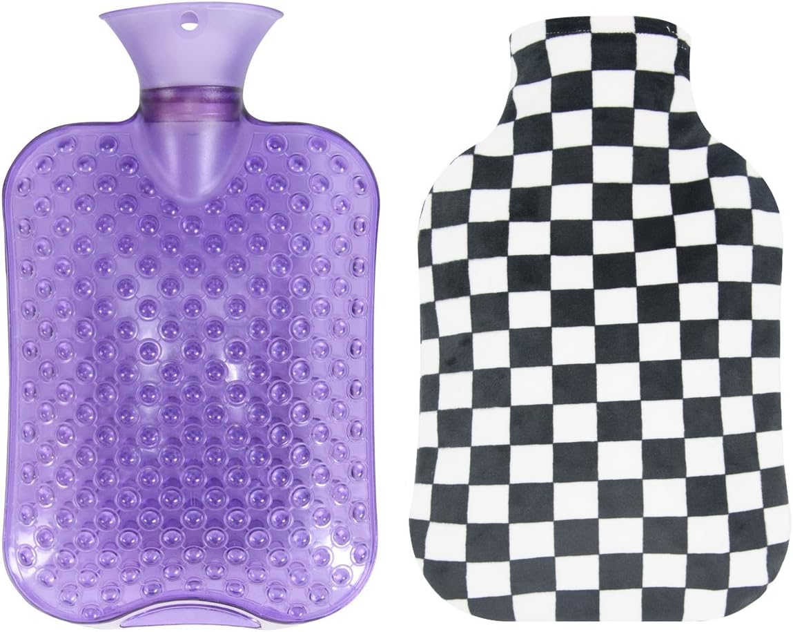 2-Liter Massage Style Hot Water Bag Heating Bottle w/Massage Bumps and Soft Checkered Fleece Cover for Hot & Cold Therapy Acupuncture Pain Relief
