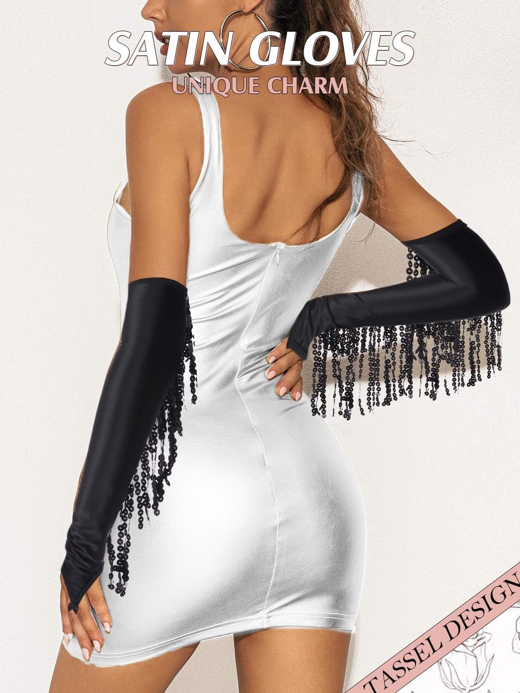 Fringe Sequin Long Gloves Fingerless 1920s Tassel Glitter Gloves for Women (black) - Image 4