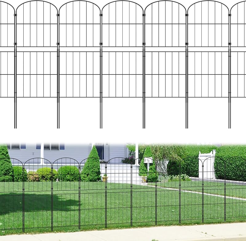 Valla de jardín arqueada de 10 paneles de 37,5 pulgadas de alto x 10,4 pies de largo con borde inoxidable | Patas atornilladas al suelo. Hebillas S-link seguras. Protege los macizos de flores de las mascotas pequeñas. Decorativo para patio, patio, jardín.
