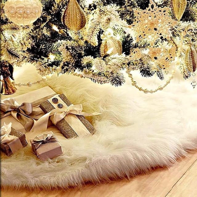 Christmas Tree Skirt 60 inch White Christmas Tree Skirt fur White Furry Tree Skirt Snow Oversized Large Christmas tree Skirts (60 inch)