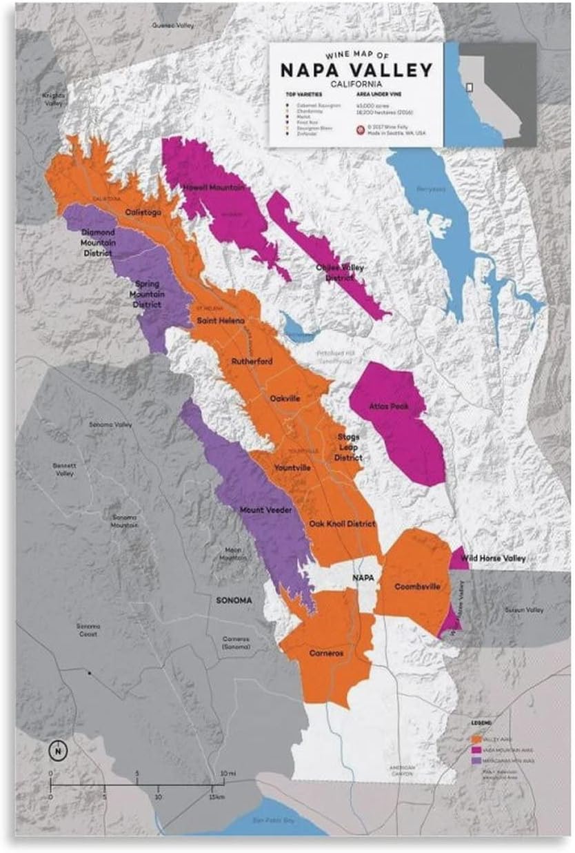 Amazon.com: California Wine Map - Napa Valley Winery Poster Canvas Art ...