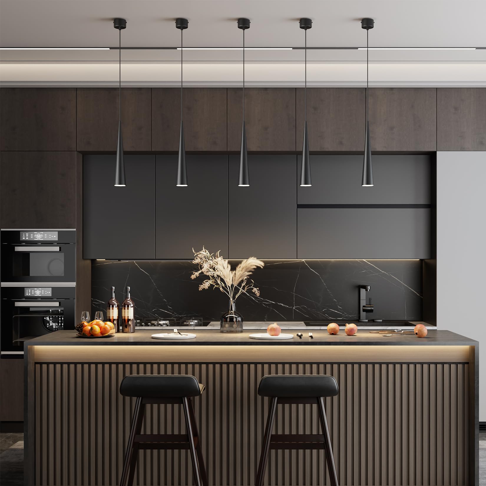 K-Bright 2 pezzi lampada a Sospensione ristorante, 5W Lampadina Gu10, Regolabile In Altezza lampada a sospensione moderna per cucina soggiorno tavolo da letto, luce bianca calda 3000K(Nero)