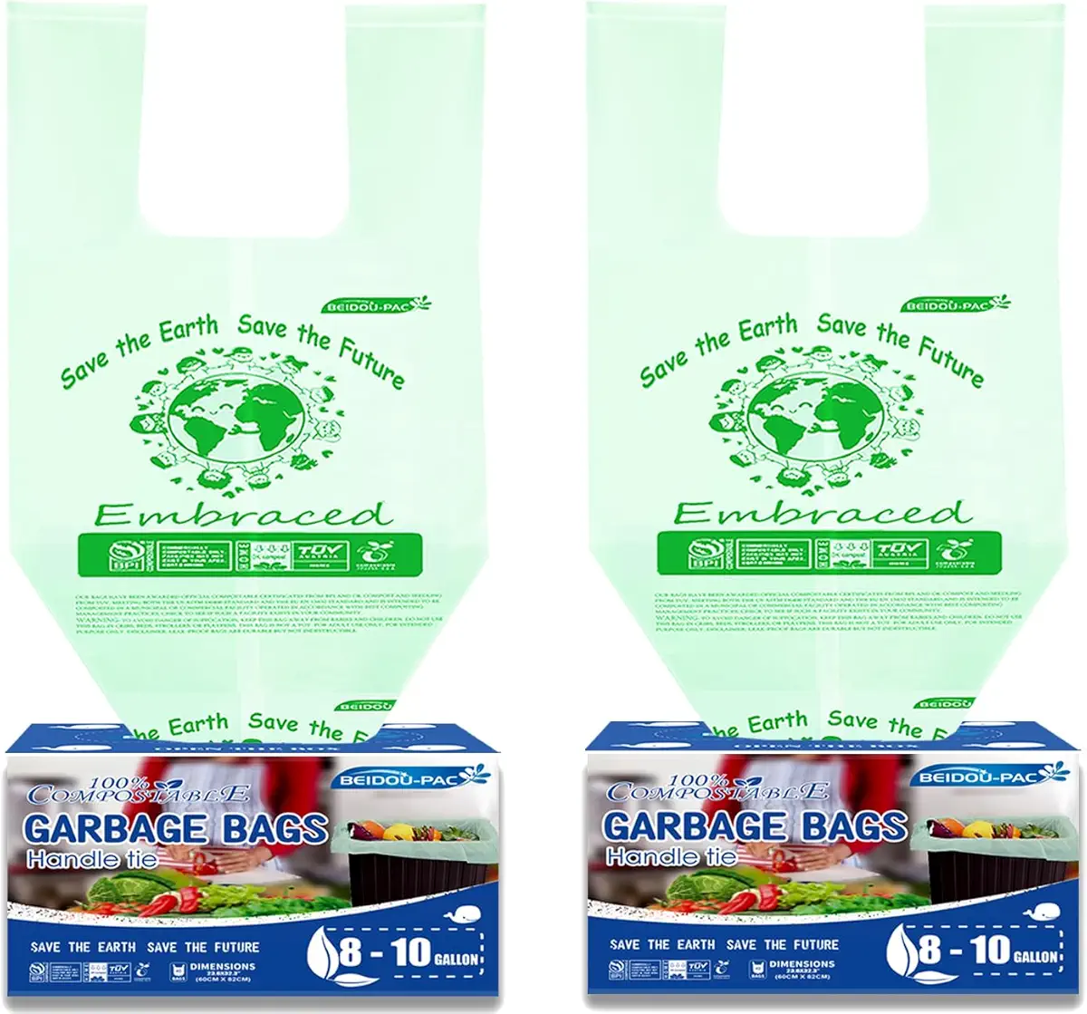 BEIDOU-PAC 8-10 Gallon Compostable Trash Bags, 80 Count, Compost Bags Kitchen Trash Bags with Handle, Sturdy Biodegradable Garbage Bags Food Scrap Waste Bags, ASTM D6400, US BPI Certified
