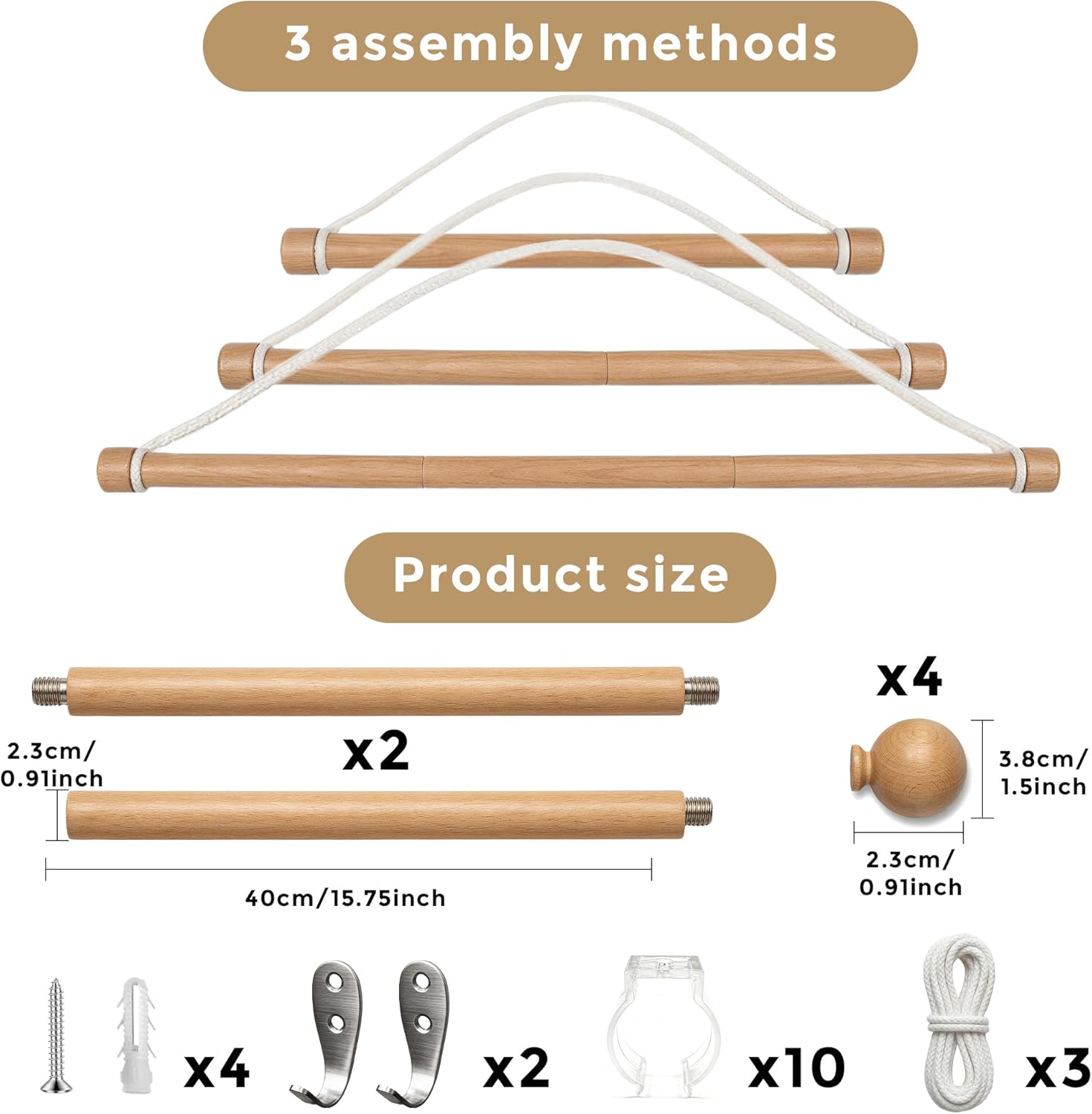 Ajerg 2 Pack Adjustable Wooden Tapestry Hangers, 16-32 Inch Tapestry Hanging Rod Set with Cord, Wall Hanging Display Kit for Tapestries, Banners & Woven Textile Decor