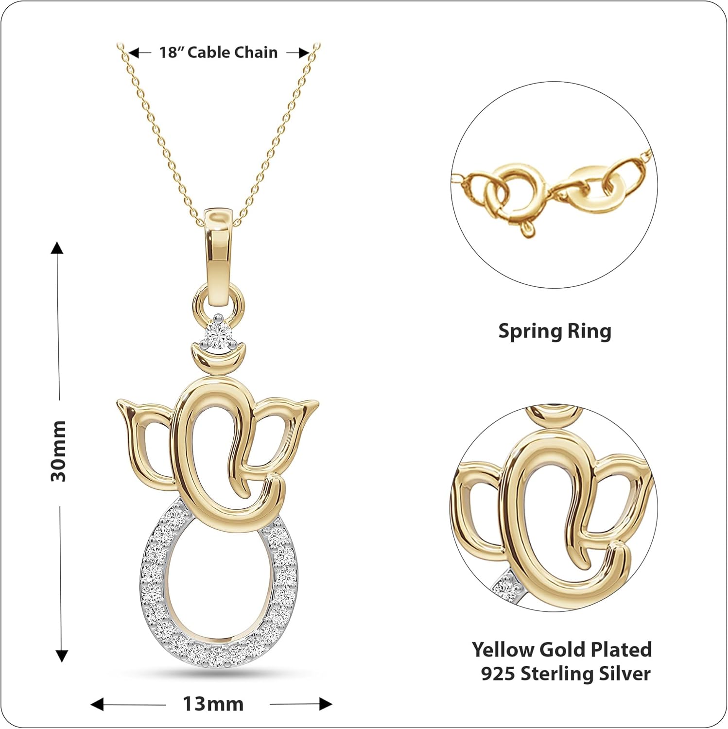 Hindu Ganesh/Ganapati Religious Pendant Necklace Cubic Zirconia, Moissanite & Lab Grown Diamond Necklace 14k Gold Over Sterling Silver Or 10K Solid Gold With 18" Chain