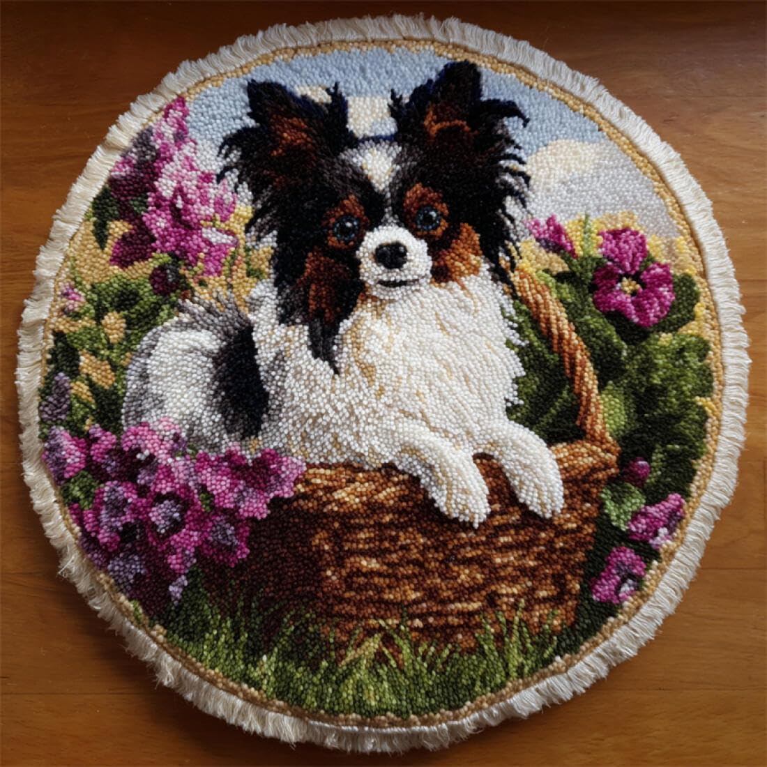 Rqwybcaxn DIY Kit Completo de Tapiz Para Adolescentes Animal Kit de Bordado Perro en la cesta de flores 80x80cm Round Alfombra de Tela de Malla Preimpresa Estudio Decoración Del Hogar
