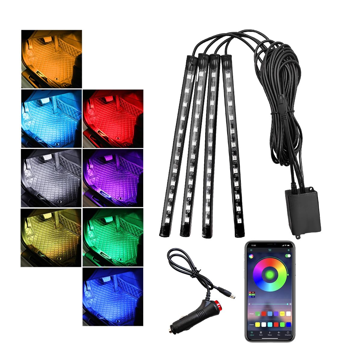 Car Led Interior Lights, RGB 48 LED Multi Color Auto Strip Light with APP Control, Music Sync Color Change Light Under Dash Smart Lighting Kit, Interior Car Accessories (Cigarette Lighter)