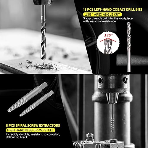 Miniatura 7 de Juego de 39 extractores de tornillos y brocas para mano izquierda, juego de extractores de tornillos fáciles de sacar con brocas inversas,
