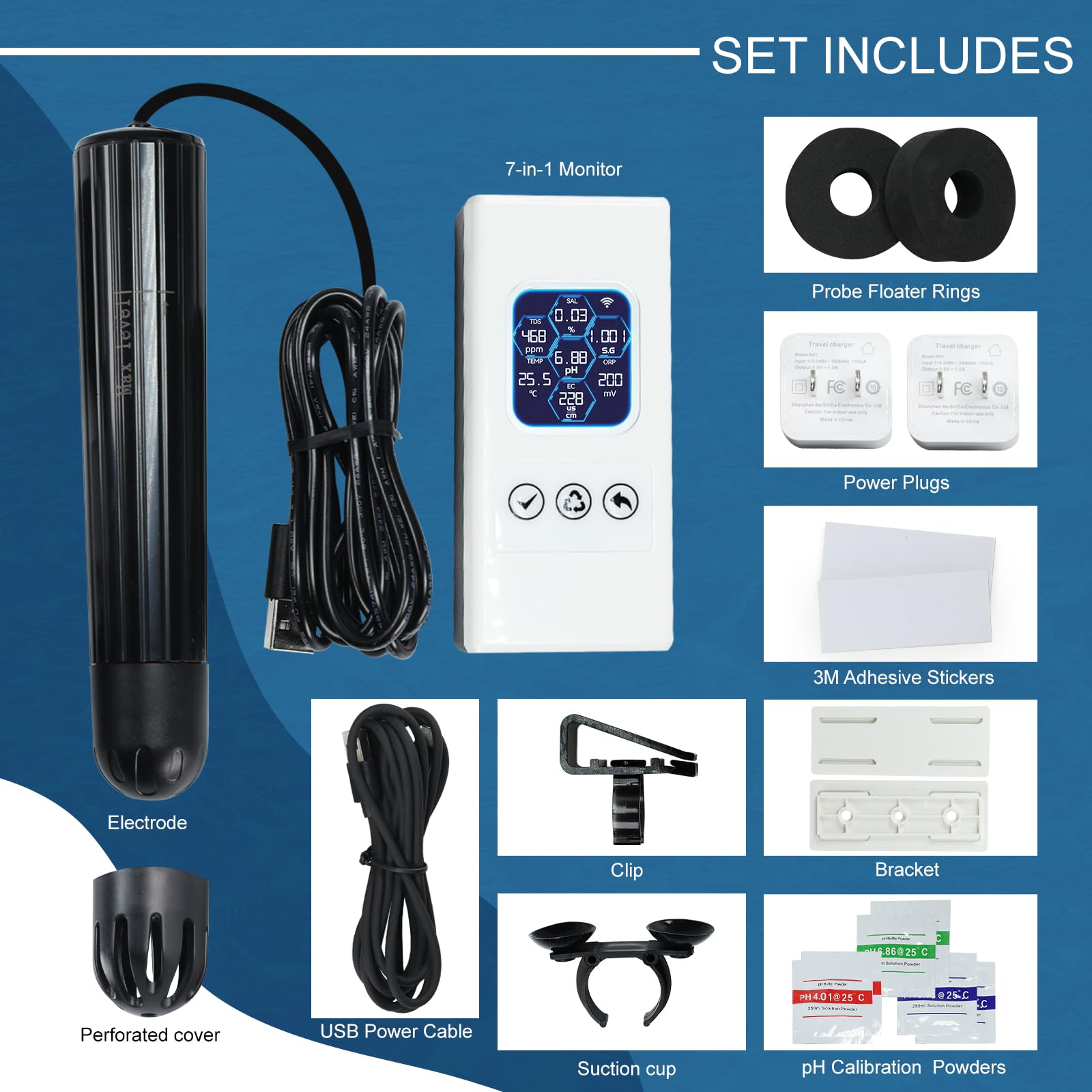 7-in-1 Smart Wasserqualitäts-Tester, Wireless WiFi Wasser-Monitor pH/ORP/TDS/EC/Salinität/SG/Temperatur, Wasserqualitäts-Messgerät mit App-Anbindung & Echtzeit-Alarmen für Aquarium Salzwasser-Aquarium