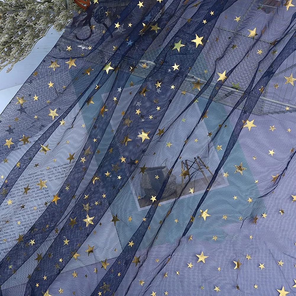 Tulle imprimé étoiles dorées bleu marine pour mariage et fête