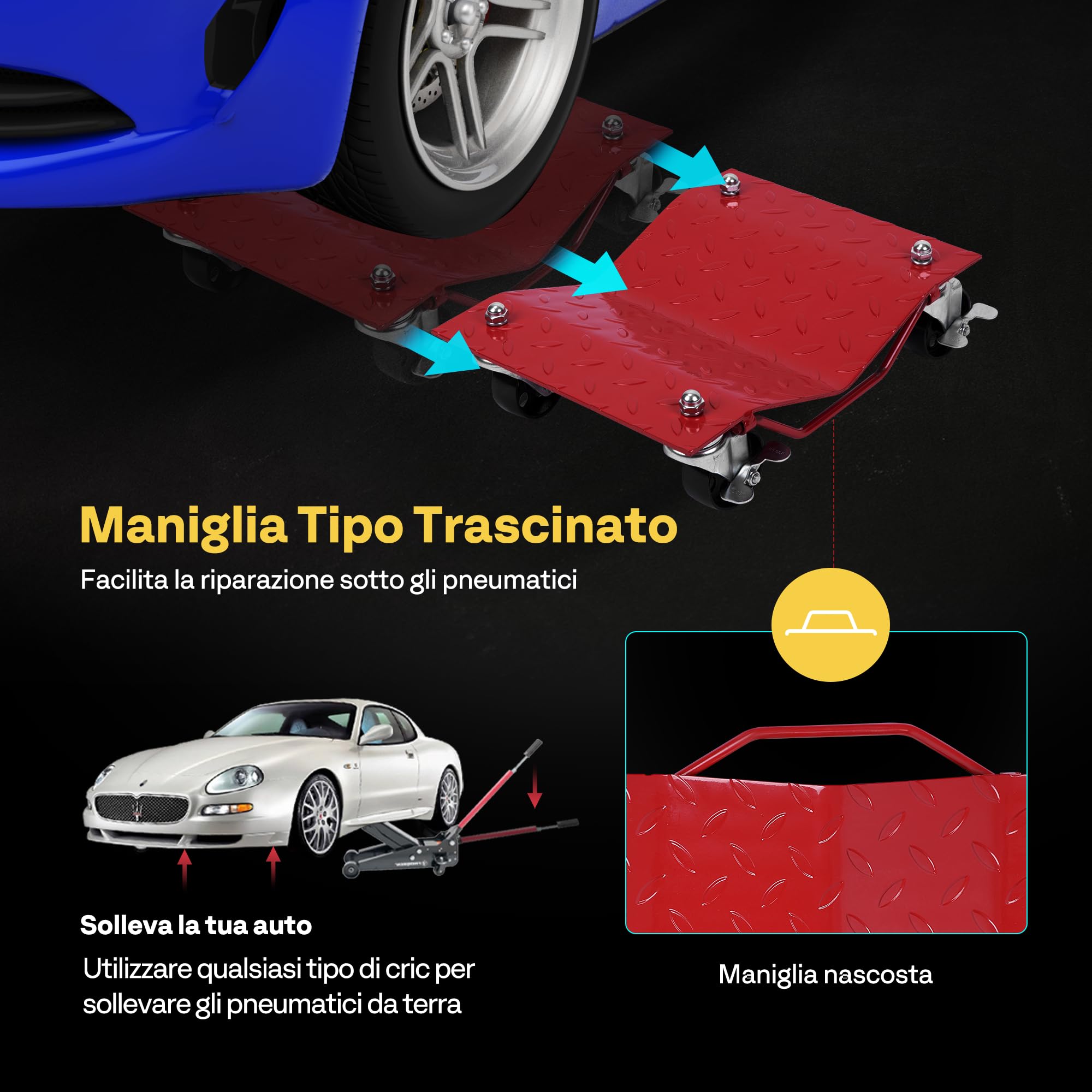 VIVOHOME Carrello Sposta Auto Moto Sottoruote 4 Pezzi, Carico Singolo 680kg Capacità di Carico 2720kg in Totale per Spostare Auto Camion e Moto Trailer Rosso