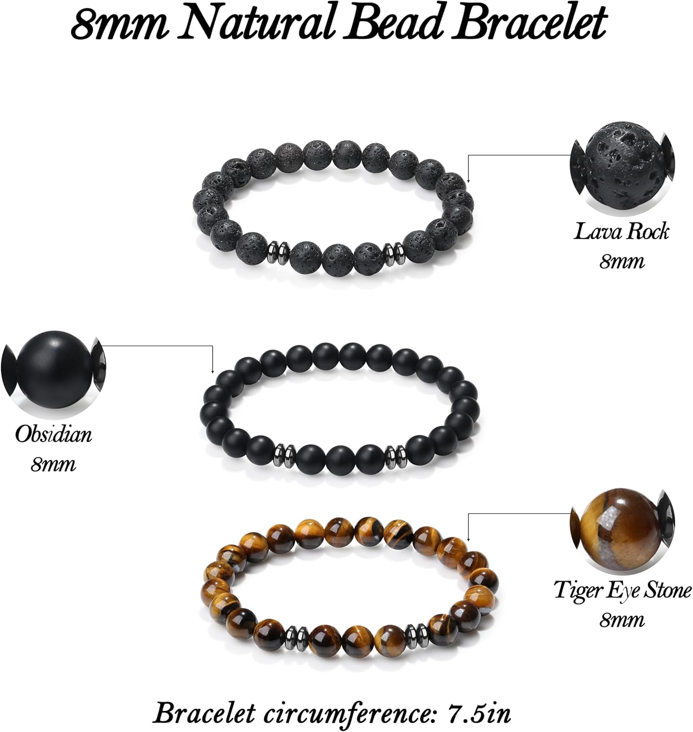 XIANNVXI Natural Stone Beads Bracelet for Men Crystal Bracelets 8MM Tiger Eye Lava Rock Obsidian Beaded Bracelet Set Black/Red/Blue Crystal Beaded Bracelets for Men - Image 6