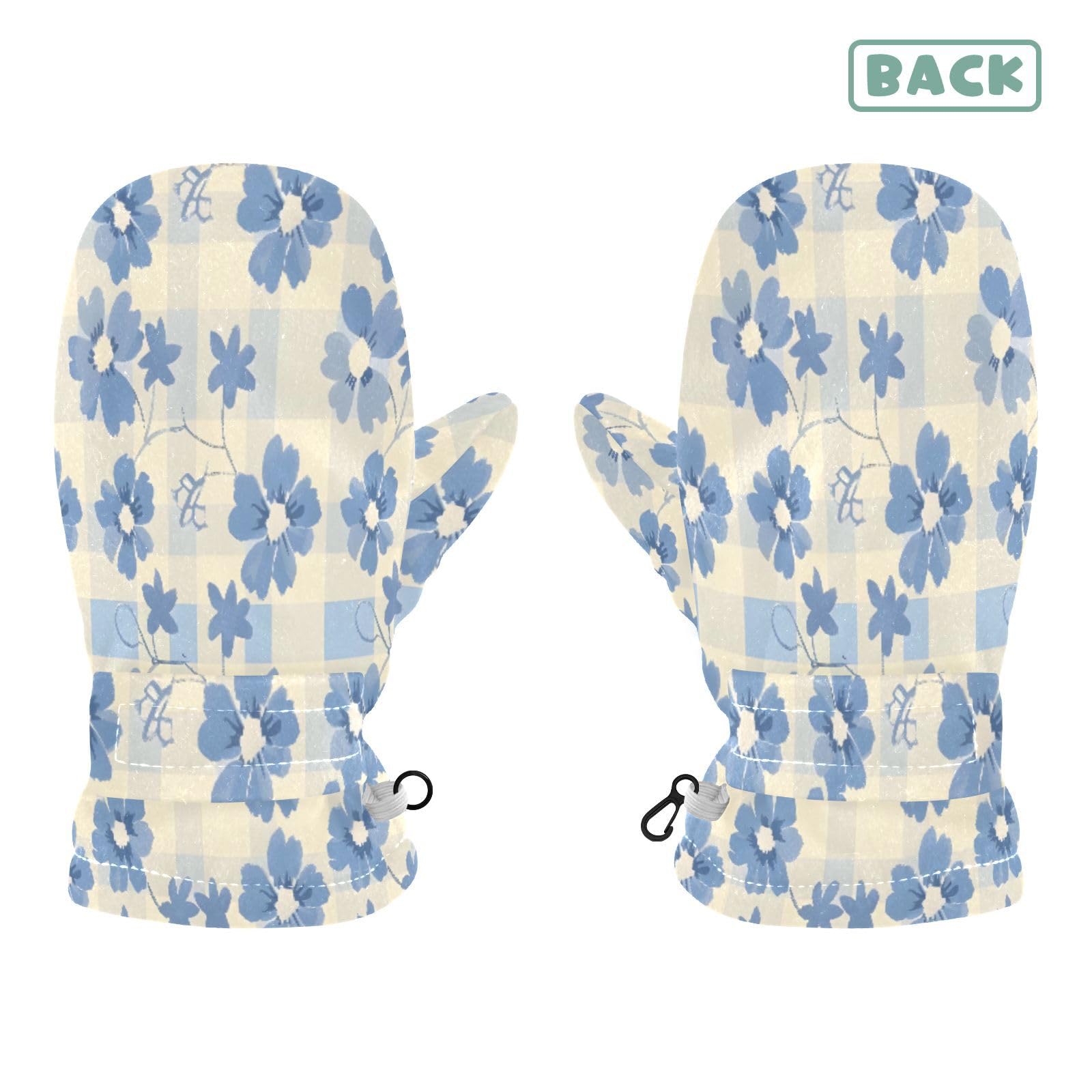 Kid's Winter Gloves Children Warm Gloves Light Blue and Cream Floral Plaid for Boys Girl Age 4-6 Years