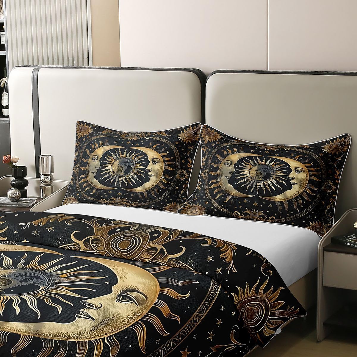Erosebridal Golden Sun Moon 100% Cotton Duvet Cover Twin Size Starry Sky Sunflower Bedding Set for Kids Boys Girls Women Cosmic Planets Comforter Cover Mandala Paisley Bedclothes