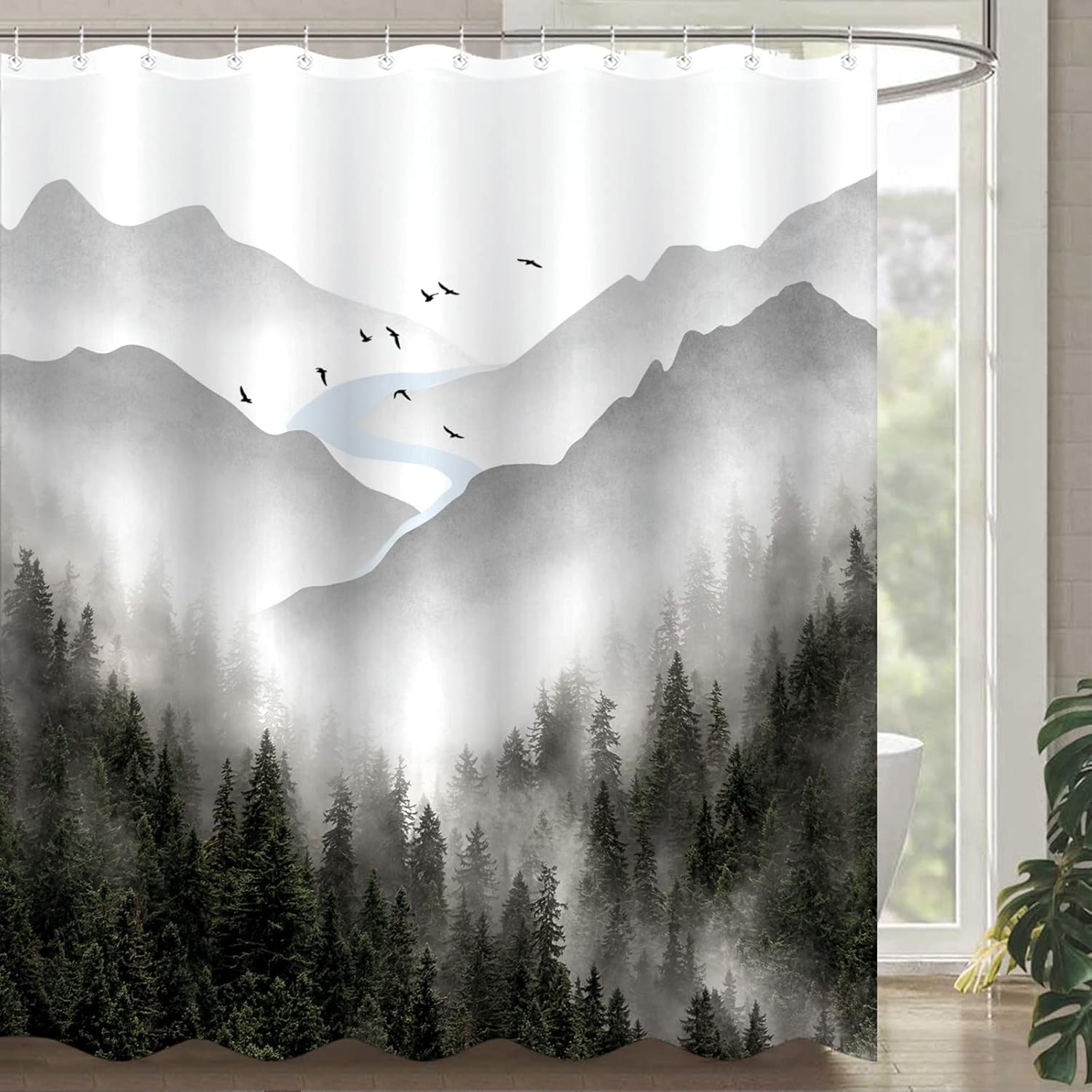 Extra Long 84 Inch Gray Misty Forest Shower Curtain Grey Nature Foggy Tree Mountain Shower Curtains for Bathroom Waterproof Fabric Woodland Decorative Modern Bath Curtain (Dark1, 72" x 84")