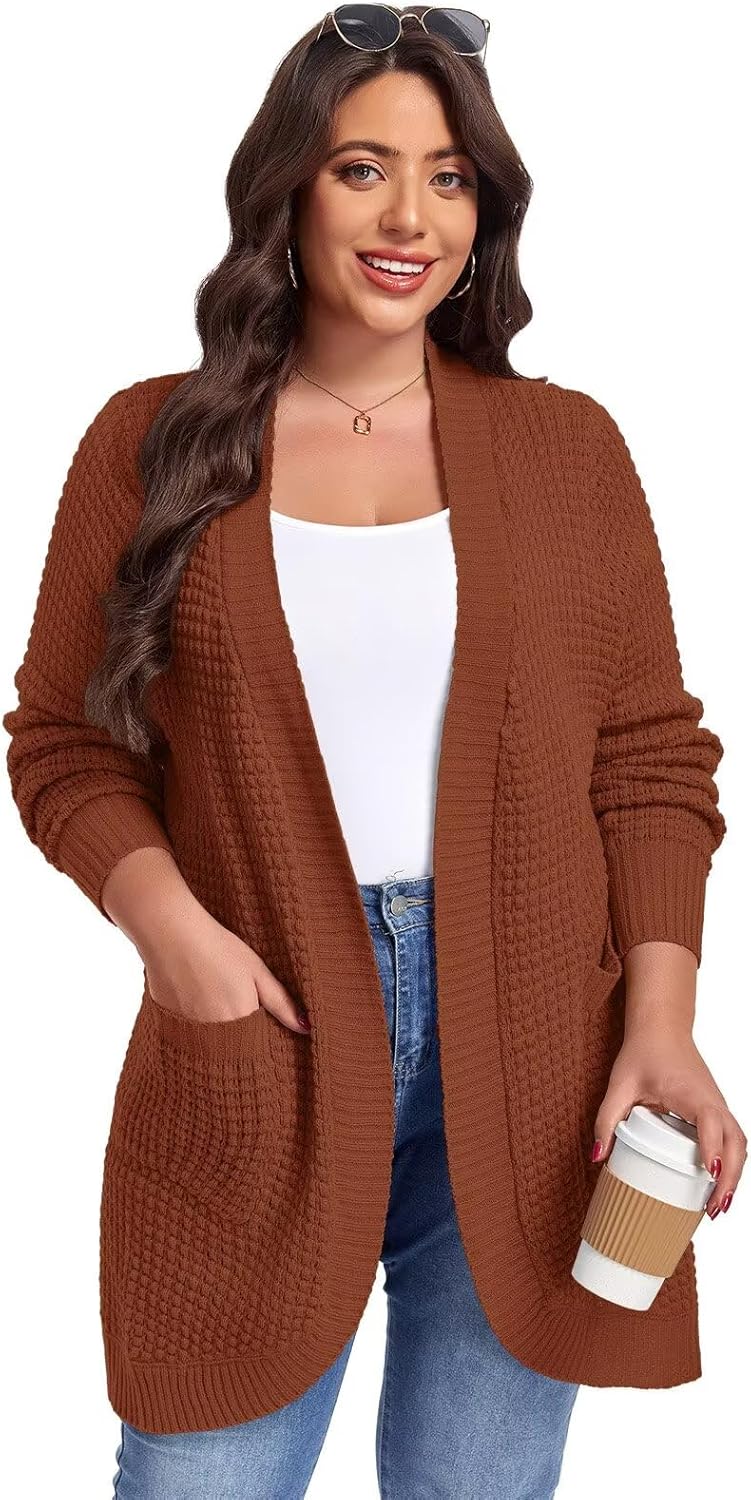 LARACE Long Cardigans for Women Plus Size Tops Open Front Sweaters with Pockets Waffle Ribbed Sleeve Loose Fall Outwear - Image 3