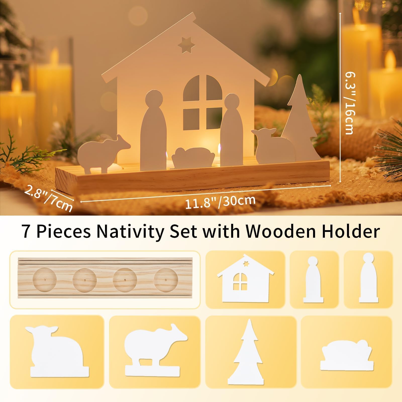 Crèche De Noël En Bougeoirs – 7 Figurines En Métal Sur Base En Bois Noir – Dimensions 30 X 7 X 2,5 Cm – Décoration Intérieure De Noël – Cadeau Chrétien