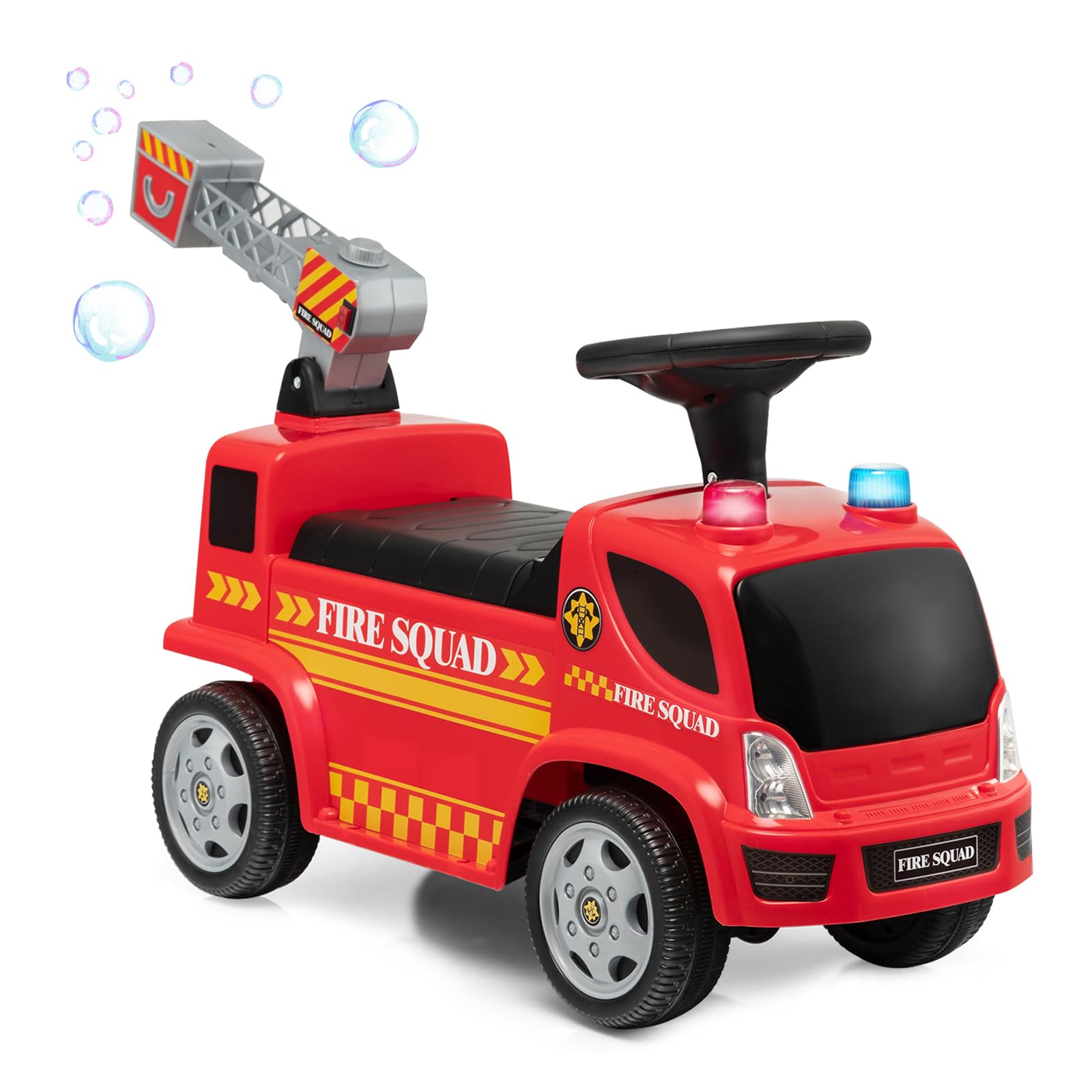 HOMGX Kids Ride On Fire Truck With Bubble Maker, Foot-to-Floor Sliding Car, Music, Siren Sound, Flash Light & Ladder, Fire Engine Push Car for Toddler Boys Girls, Red