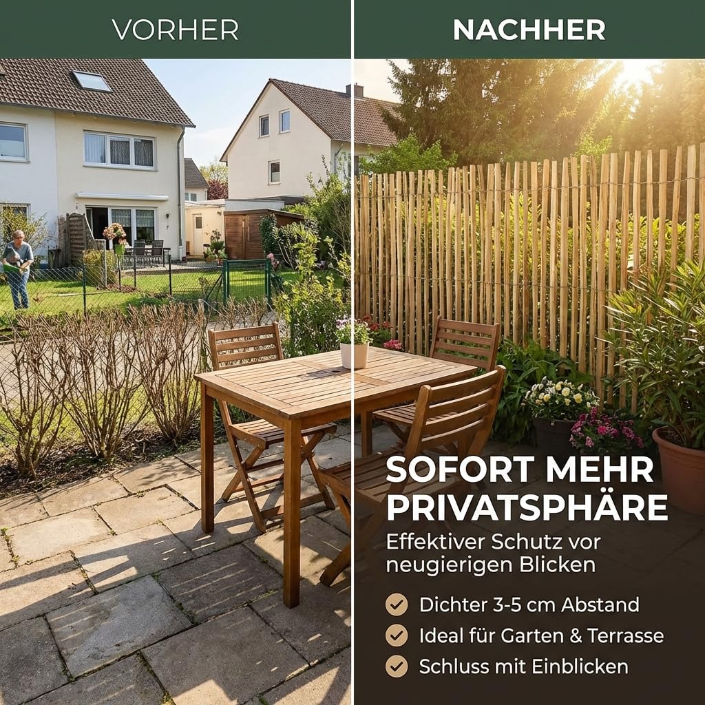 Clôture Ganivelle en Bois de Noisetier 120x500 cm - Distance entre lattes 3-5 cm - Clôture de Jardin Rustique, Brise-vue Naturel - Support pour Plantes Grimpantes