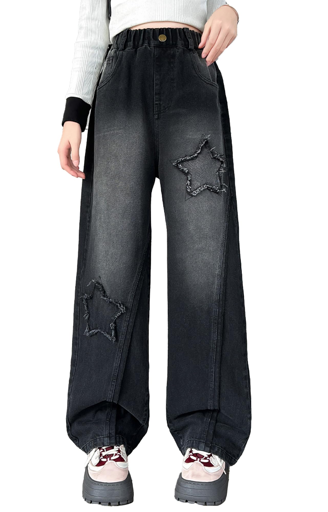 Happy Cherry - Baggy Jeans Filles Pantalons Large en Denim Fille Y2K Streetwear Enfants Adolescent Pantalon Hip Hop Streetwear Décontracté pour Été Hiver Printemps Automne - 110-164