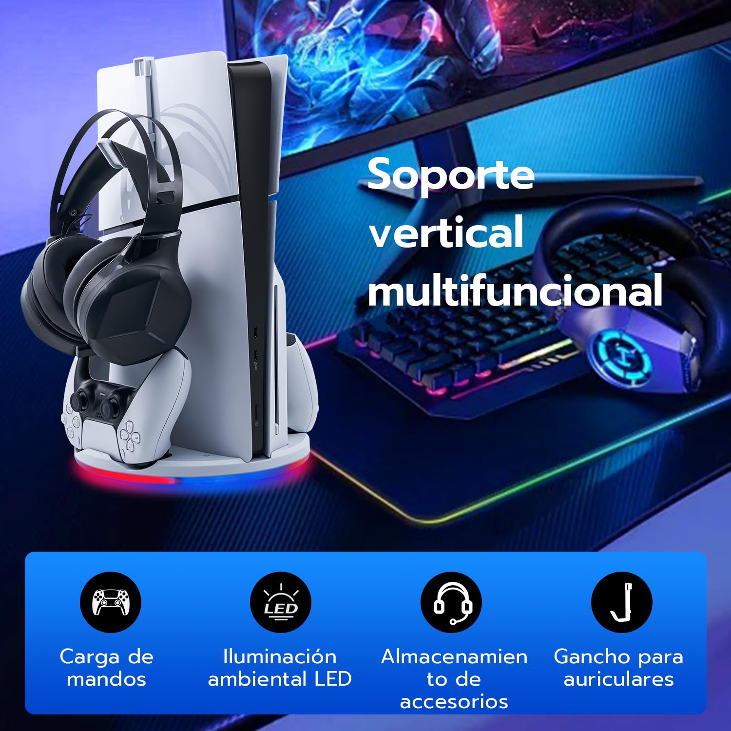 Wigearss Soporte Vertical para PS5 Slim, Base de Carga para Controladores Dual PS5 y Soporte para Auriculares, con Luz Ambiental LED, Compatible con PS5 Slim DE/UHD (No Compatible con PS5/Pro)