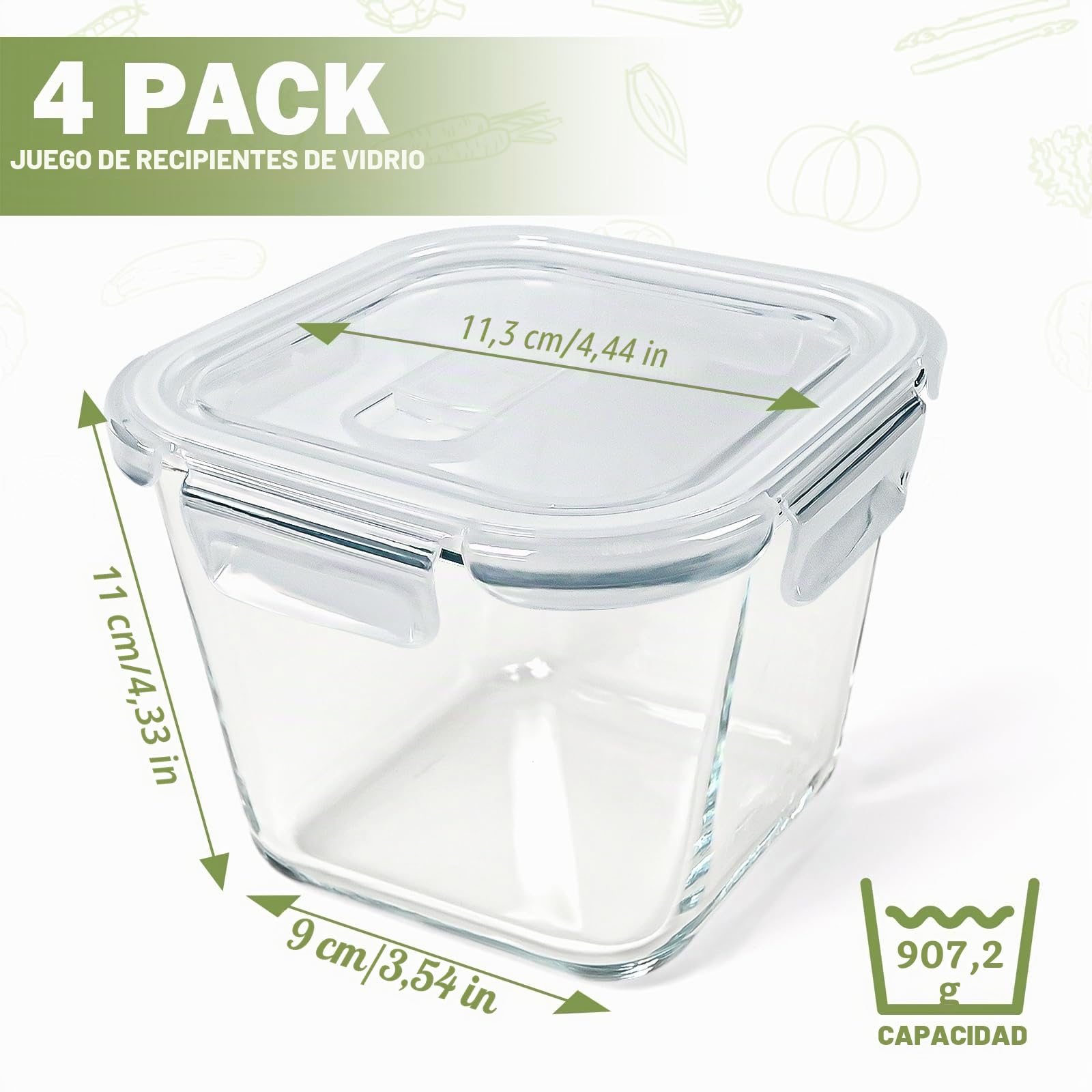 Recipientes de sopa de vidrio de borosilicato 907.2 g, 4 tazas, aptos para microondas y congelador, tazón cuadrado pequeño para ensaladas