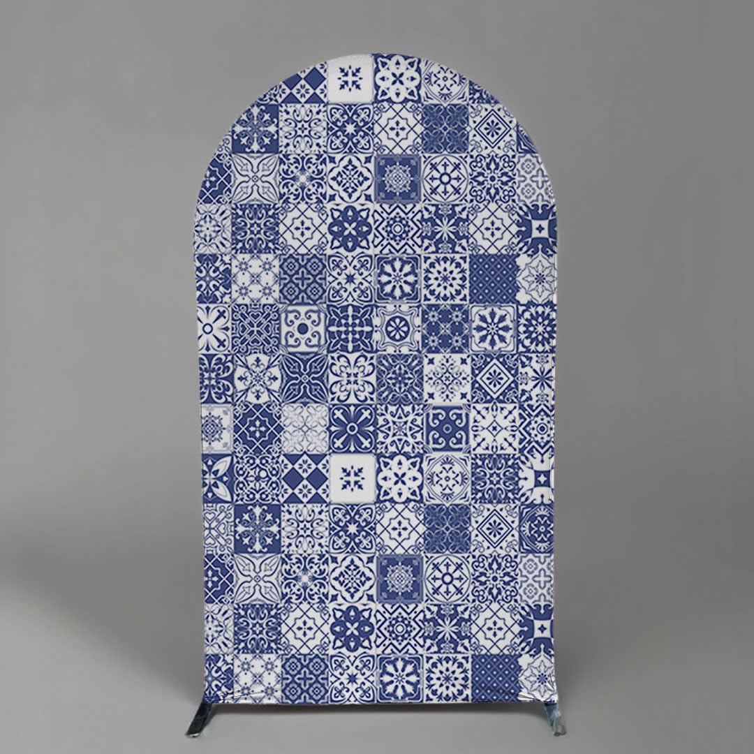 ittsmnt Patchwork Tile Arch Backdrop Cover Mediterranean Lemon Theme Arched Stand Covers Background for Birthday Porcelain Parties Banquet Decor Props